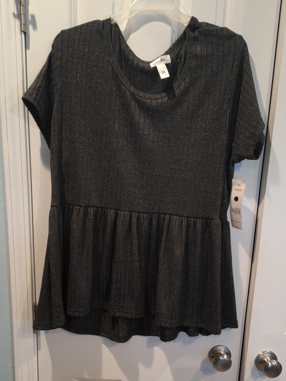 just be Charcoal Metallic Ribbed Peplum Top